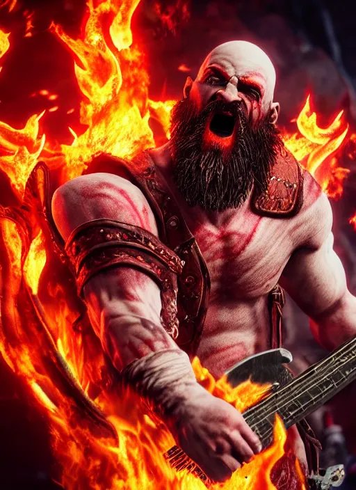 Prompt: screaming kratos rocking out on a flaming stratocaster guitar, cinematic render, god of war 2 0 1 8, playstation studios official media, lightning, flames, red left eye stripe, left eye stripe, left eye stripe, left eye stripe, clear, coherent