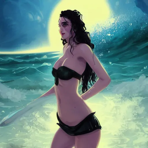 Prompt: Portrait of a panicked Yennefer of Vengerberg in a modern bathing suit being overtaken by a crashing wave, tropical beach setting, character design, fantasy, comic book visual style, atmospheric lighting, highly detailed, ArtStation, trending on ArtStation, by Matthew Orders