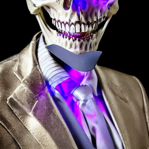 Image similar to a detailed professional portrait of a fancy skeleton with expressive features and metallic teeth, metal teeth, professional photography, longshot, full portrait, skeleton in a suit, purple glowing eyes