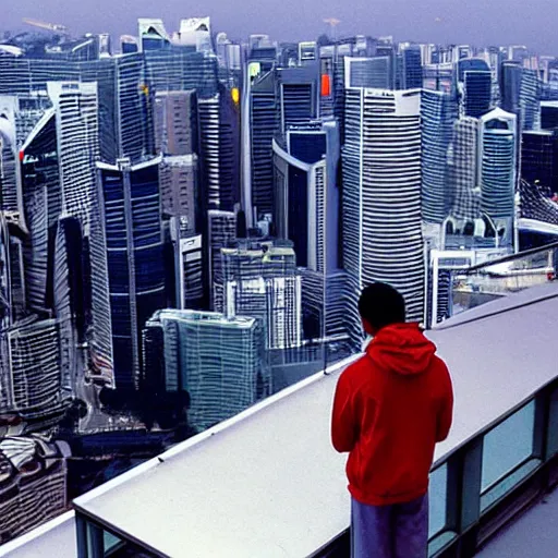 Image similar to a singaporean student stands on the top of a building, looking out at the world, by moebius