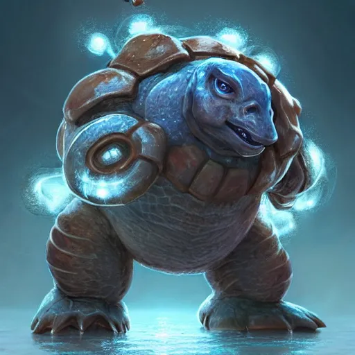 Prompt: Blastoise (From Pokémon), trending on artstation, ultra detailed, 8k, character illustration by Greg Rutkowski, Thomas Kinkade.