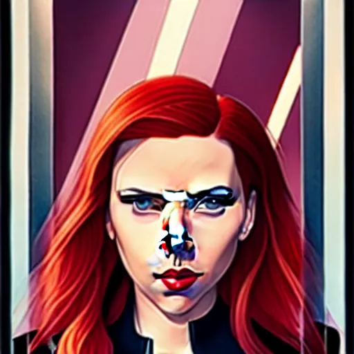 Image similar to phil noto, pretty scarlett johansson black widow, symmetrical eyes, long red hair, full body, city rooftop