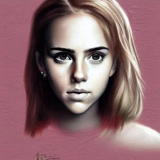 Image similar to portrait of girl who look like a mix of emma watson, scarlett johansson, nathalie portman, very detailled, by artgem