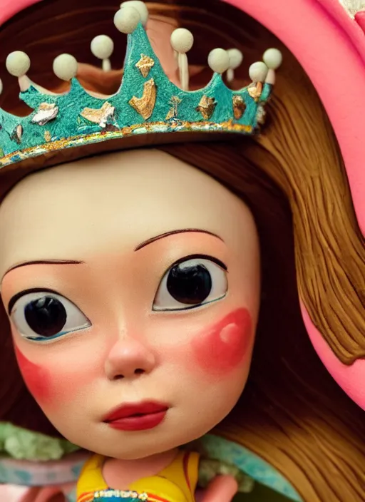 Image similar to closeup face profile portrait of tin toy greta thunberg as a fairytale princess wearing a crown eating cakes, bikini, depth of field, zeiss lens, detailed, symmetrical, centered, fashion photoshoot, by nicoletta ceccoli, mark ryden, lostfish, breathtaking, 8 k resolution, extremely detailed, beautiful, establishing shot, artistic, hyperrealistic, octane render