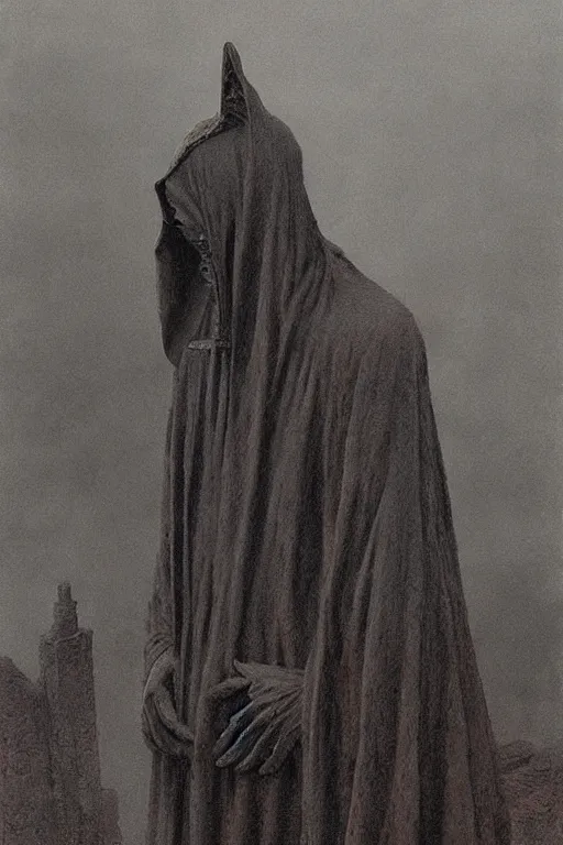 Image similar to plague doctor from iron gridle but human form, destroyed city and flames by zdzislaw beksinski, color