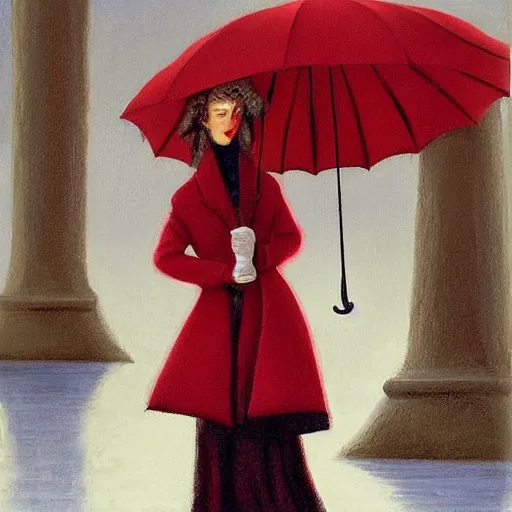 Image similar to woman with red coat and cyan umbrella, gerald brom