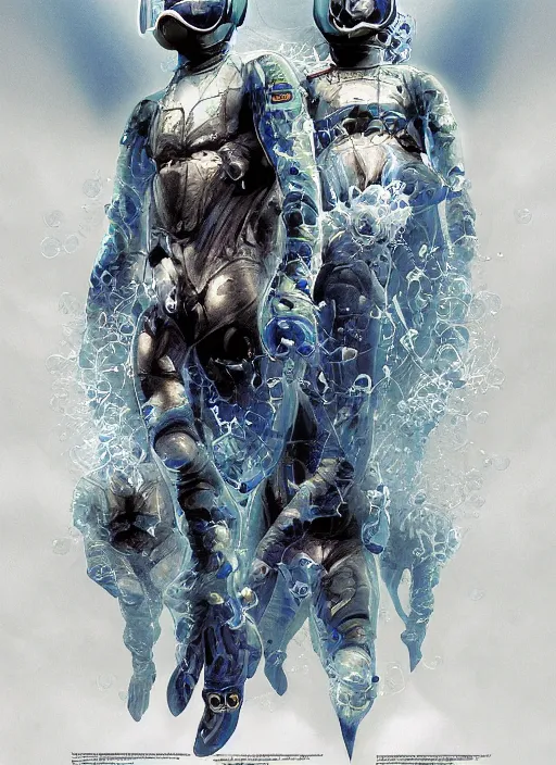 Image similar to astronauts divers in dark void underwater - complex and hyperdetailed technical suit design. reflection and dispersion materials. rays and dispersion of light. volumetric light. f / 3 2. noise film photo. flash photography. ultra realistic, 5 0 mm. poster by wayne barlowe, hajime sorayama aaron horkey, craig mullins