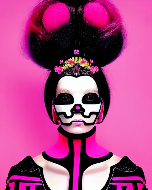 Prompt: symmetrical portrait of a woman face with pink frizzy hair, wearing a embroidered black mask by alexander mcqueen, bjork aesthetic, masterpiece, in the style of miles aldridge, cyberpunk