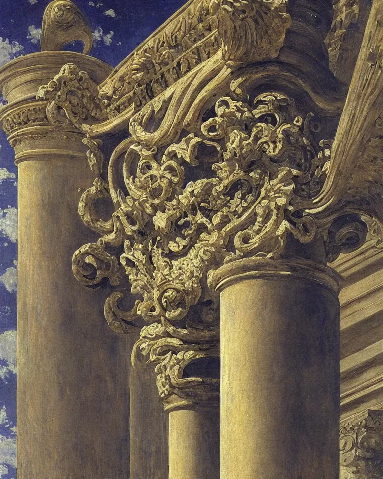 Prompt: achingly beautiful painting of intricate ancient roman corinthian capital on brilliant sapphire background by rene magritte, monet, and turner. giovanni battista piranesi.