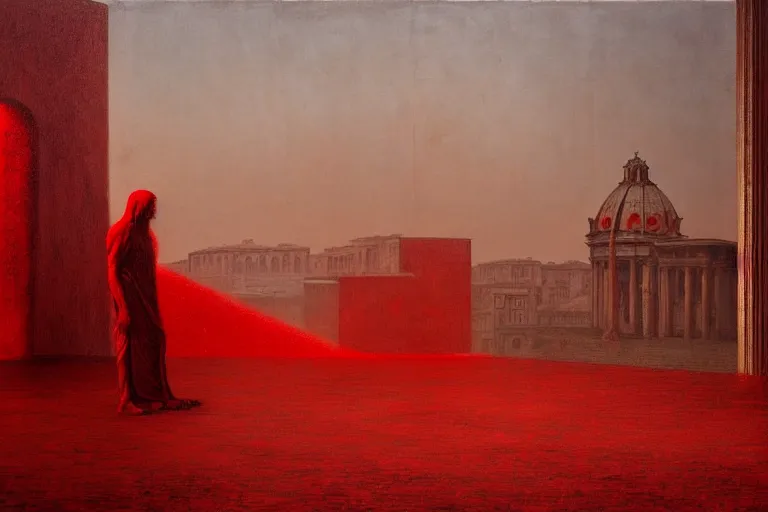 Image similar to only with red, caesar after war, the deal, a red tiger, in hoc signo vinces, rome in background, an ancient path, in the style of beksinski, part by hopper, part by rodcenko, part by hofbauer, intricate composition, red by caravaggio, insanely quality, highly detailed, masterpiece, red light, artstation