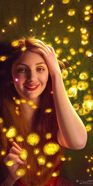 Image similar to a totally enraptured smiling young woman surrounded by golden firefly lights in a mesmerizing scene, sitting amidst nature fully covered, intricate detailed dress, long loose red hair, precise linework, accurate green eyes, small nose with freckles, smooth oval head, expressive emotions, hyper realistic ultrafine portrait by artemisia gentileschi, jessica rossier, artgerm