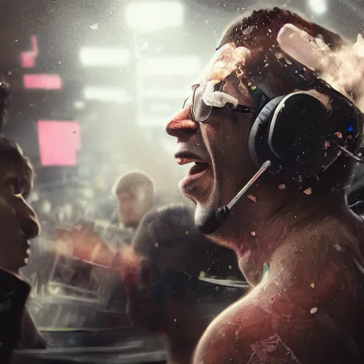 Image similar to tony khan wearing a headset, yelling furiously, piles of cocaine everywhere, scolding, background filled with frightened people, intense, hyper detailed, artstation, flashing lights, hyper anger, intricate detail, concept art, 8 k