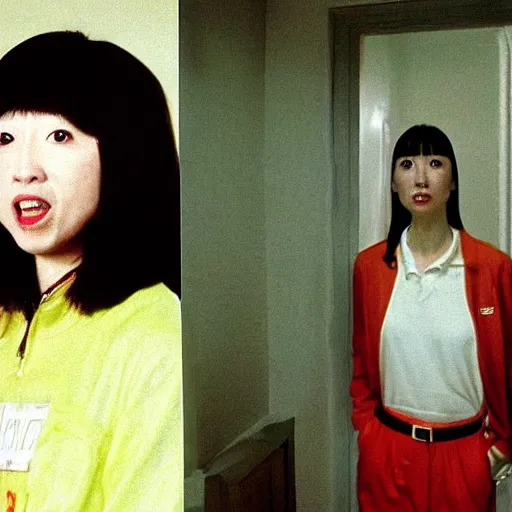 Image similar to ceo of binance changpeng zhao as shelley duvall in the shining movie, axe