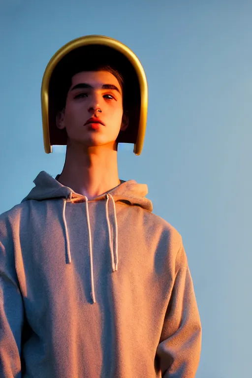 Prompt: un ultra high definition studio quality high fashion photographic portrait of a young man standing on the rooftop of an apartment building wearing all eclectic soft clothes and a reflective face shield. three point light. extremely detailed. golden hour, golden ratio, ray tracing, volumetric light, shallow depth of field. set dressed.