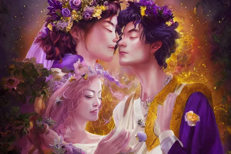 Image similar to a cinematic portrait of wedding photograph jpeg close up moment of a divine a japan sun god and moon goddess lovers magician at a wedding banquet. portraiture. digital painting. artstation. concept art. fantasy wedding photo. digital painting, 8 k realistic, hyper detailed, violet evergarden art masterpiece by art by krenz cushart