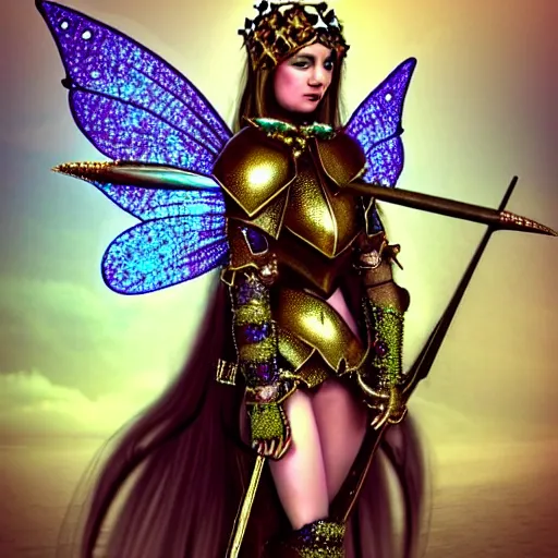 Prompt: photo of a beautiful! fairy warrior with jewel encrusted armour