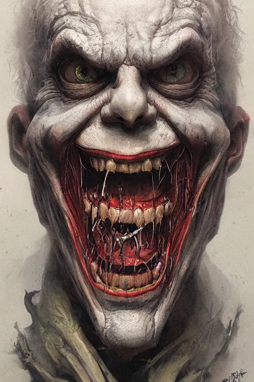 Image similar to Portrait of rotten, distorted, laughing Joker, dc comics, dark, intricate, smooth, artstation, painted by Wayne Barlowe, Greg Rutkowski, Zdislav Beksinski