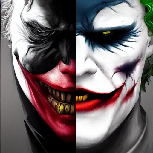 Image similar to the dark knight with joker makeup on the face, digital painting, amazing detail, artstation, cgsociety