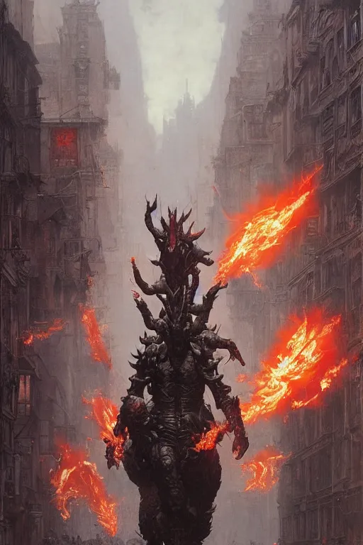 Image similar to huge bipedal hell demon with bulbous torso and flaming head wearing armour walks down city street, painted by ruan jia, raymond swanland, lawrence alma tadema, zdzislaw beksinski, norman rockwell, jack kirby, tom lovell, alex malveda, greg staples