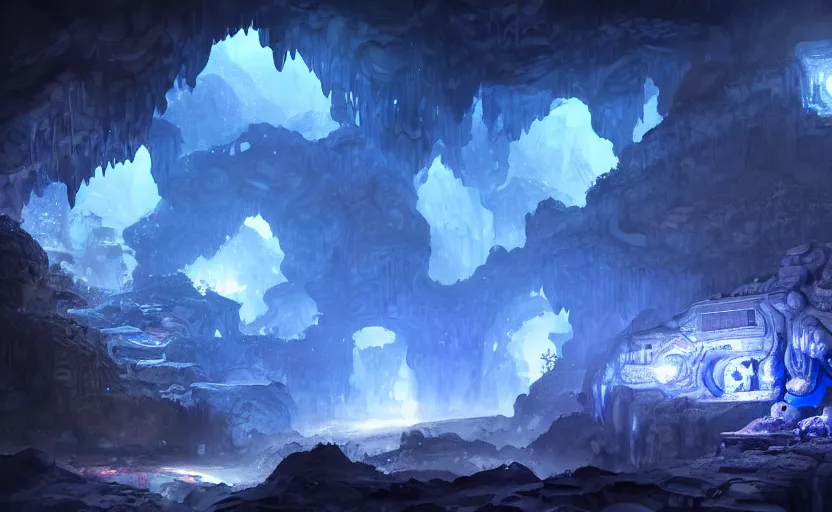 Prompt: factory in a giant dark cave, black rocks cave, detailed cave stones, deep cave, dramatic light, blue crystals, hyper detailed, realistic, intricate, concept art by frank hong, mate painting, artstation