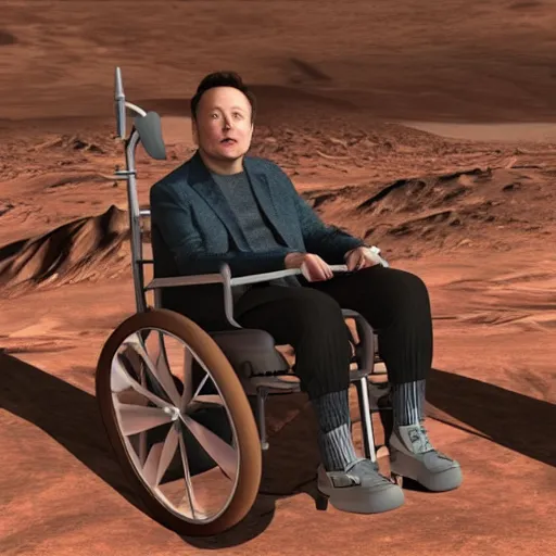 Image similar to elon musk at age 1 0 0 sitting in a wheelchair on planet mars, high quality, photorealistic