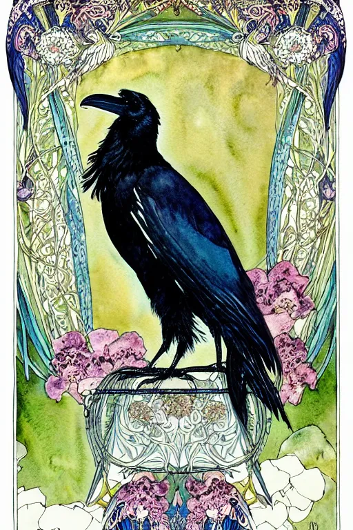 Prompt: photo realistic single realistic raven in the center of an ornate floral frame, art by kay nielsen and walter crane, illustration style, watercolor