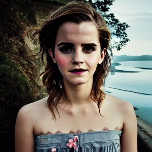 Image similar to a portrait of emma watson in a scenic environment by elsa bleda