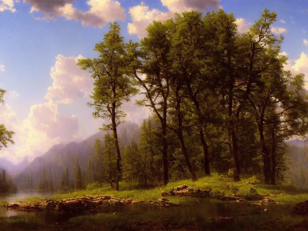 Prompt: a beautiful matte painting of the american wilderness by albert bierstadt, detailed landscape, fine day in spring, artstation,