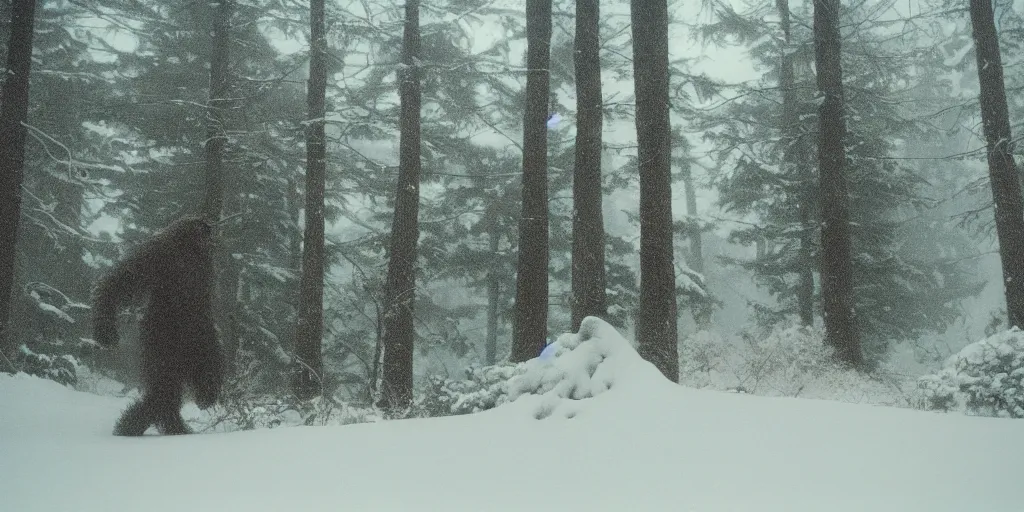 Image similar to photo, bigfoot is hiding in the background. cold color temperature, snow storm. hazy atmosphere. humidity haze. kodak ektachrome, greenish expired film, award winning, low contrast