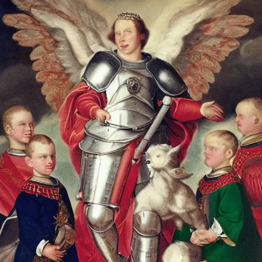 Prompt: prince william, duke of cambridge wearing knight's armor with heavenly angels surrounding him