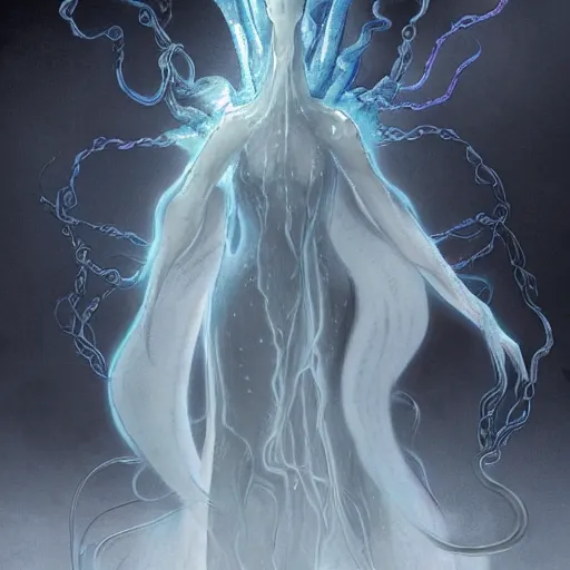 Image similar to concept designs of an ethereal ghostly wraith like figure with a squid like parasite latched onto its transparent skull and long tentacle arms that flow lazily but gracefully at its sides like a cloak while it floats around a frozen rocky tundra in the snow searching for lost souls and that hides amongst the frosted trees, this character has hydrokinesis and electrokinesis for the franchise Bloodborne in the style of arcane the series on netflix