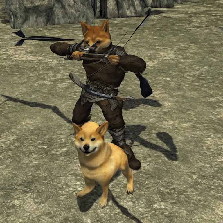 Image similar to a humanoid shiba inu firing a bow, skyrim pc screenshot