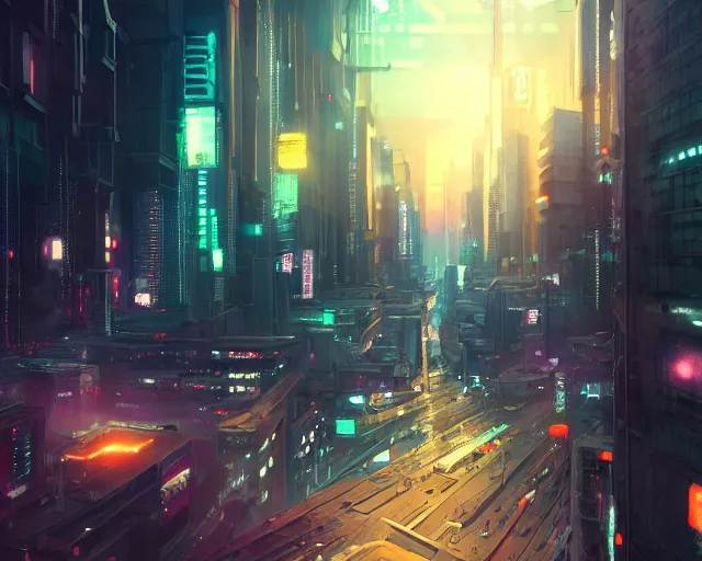 Image similar to panoramic view of a cyberpunk city at night, bokeh lights, anime, ilya kuvshinov, guweiz, greg rutkowski, concept art, digital painting, cinematic, extreme detail, expansive