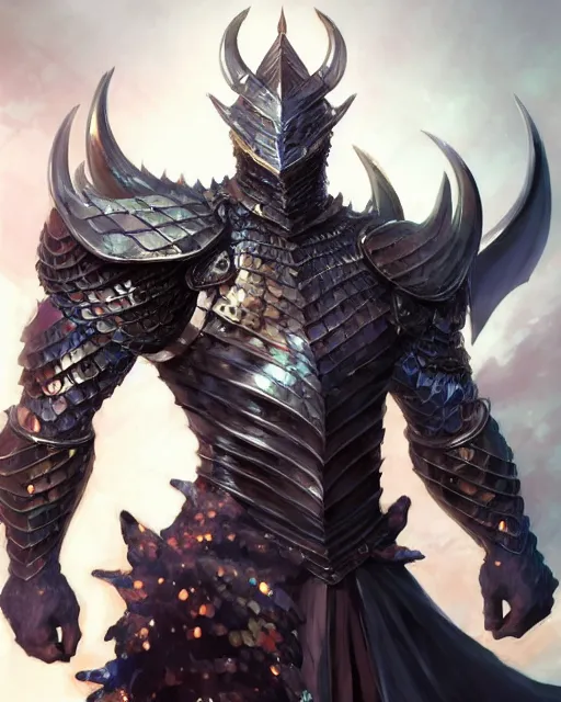 Image similar to Full body character concept art of an anime draconian warrior knight, iridescent scales, cool face, muscular, by Stanley Artgerm Lau, WLOP, Rossdraws, James Jean, Andrei Riabovitchev, Marc Simonetti, and Sakimichan, tranding on artstation