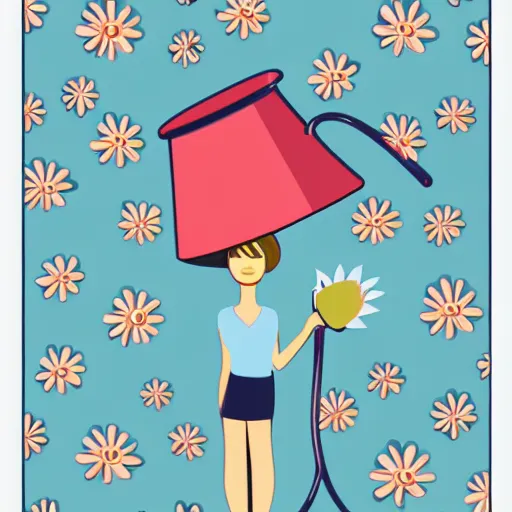 Image similar to a woman holding a watering can on top of a light blue flower, flat design, flat colors, illustration