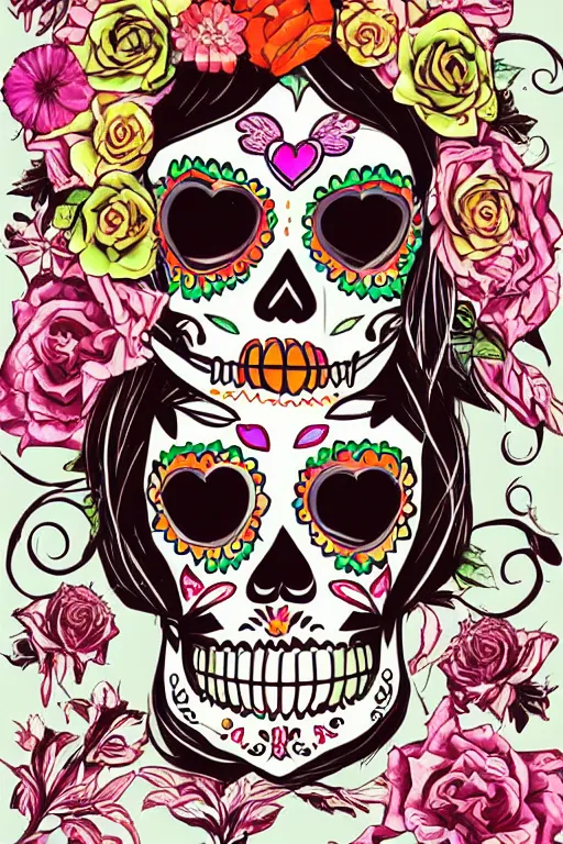 Prompt: illustration of a sugar skull day of the dead girl, vanitas art