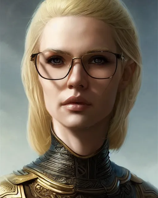 Prompt: a thin blonde middle aged warrior knight with glasses, elegant, real life skin, intricate, high detailed, artstation, concept art, smooth, sharp focus, art by artgerm and greg rutkowski