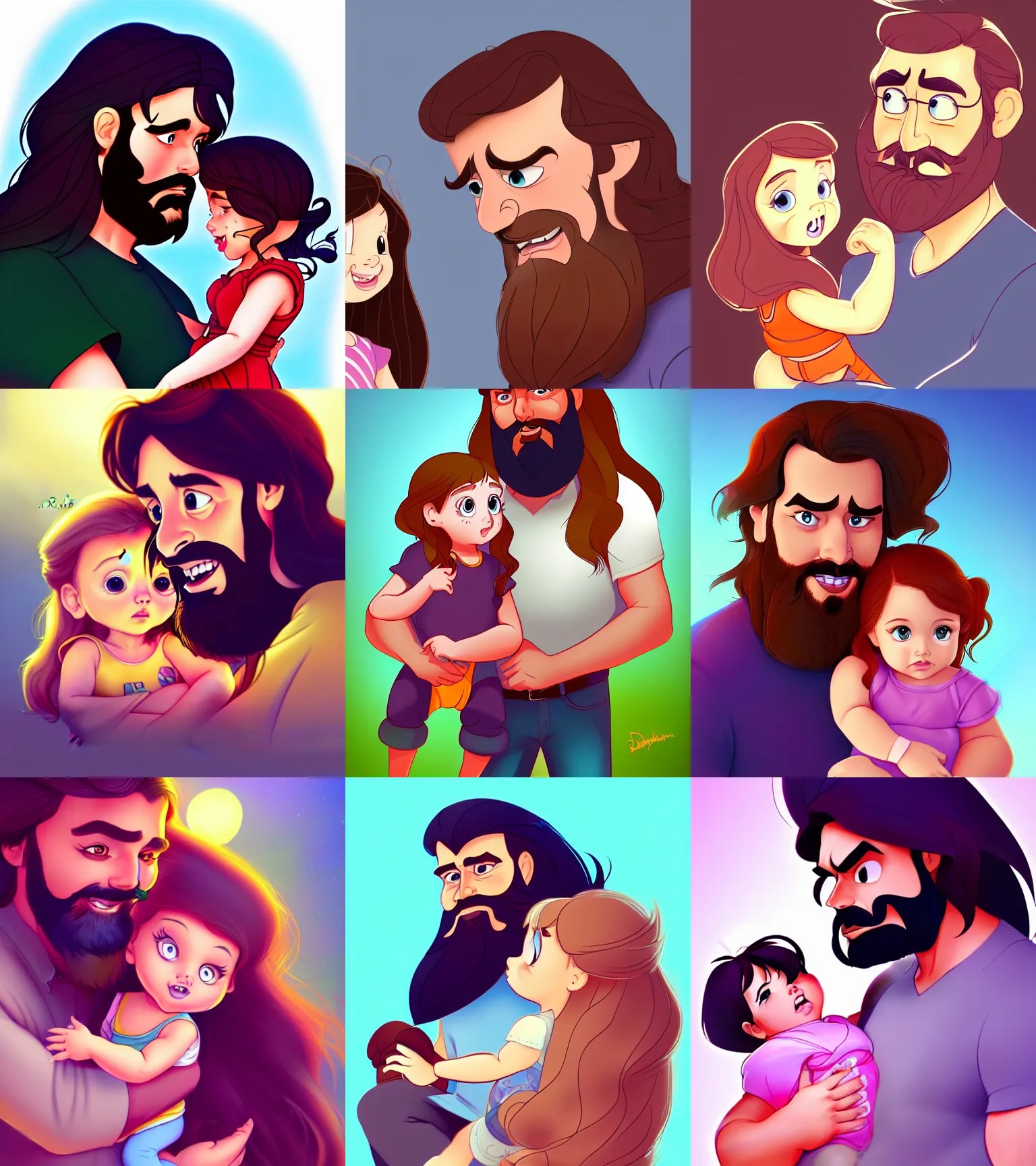 Image similar to a long - haired bearded father and his child toddler girl full color digital illustration in the style of don bluth, artgerm, artstation trending, 4 k