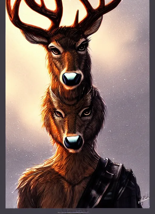 Prompt: aesthetic portrait commission of a of a male fully furry anthro deer with a tail and a beautiful attractive hyperdetailed face wearing wearing a outfit in a sci - fi dystopian city at golden hour while it storms in the background. character design by dayer, diego 5, detailed, inked, western comic book art, award winning film poster painting