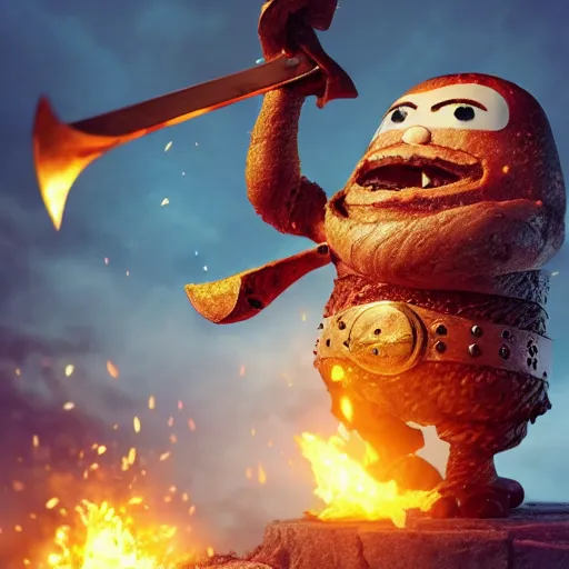 Image similar to viking battle toast, a slice of toasted bread with a face, arms and legs, holding a sword, cute, pixar, volumetric lighting, dynamic composition, fantasy, hyper detailed, ultra realistic, sharp focus, octane render, concept art by ruan jia and heng z and artem