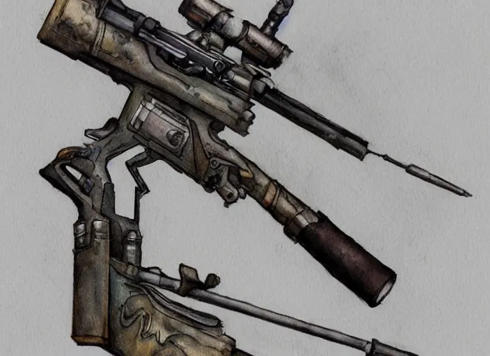 Image similar to concept art of a rifle futuristic weapon, fantasy, steampunk, pinterest, artstation trending, behance, watercolor, by coby whitmore, silver, laser light,