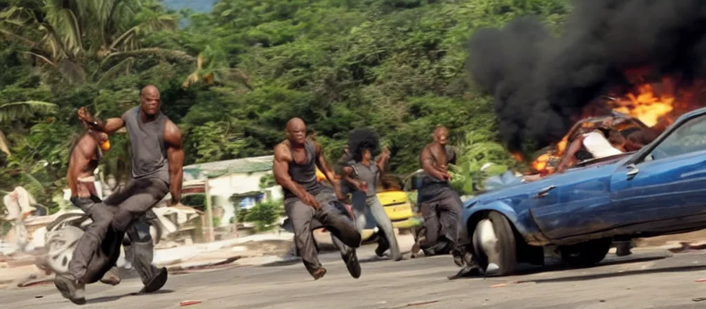 Prompt: action scene from jamaican fast and furious - movie, high definition screen capture