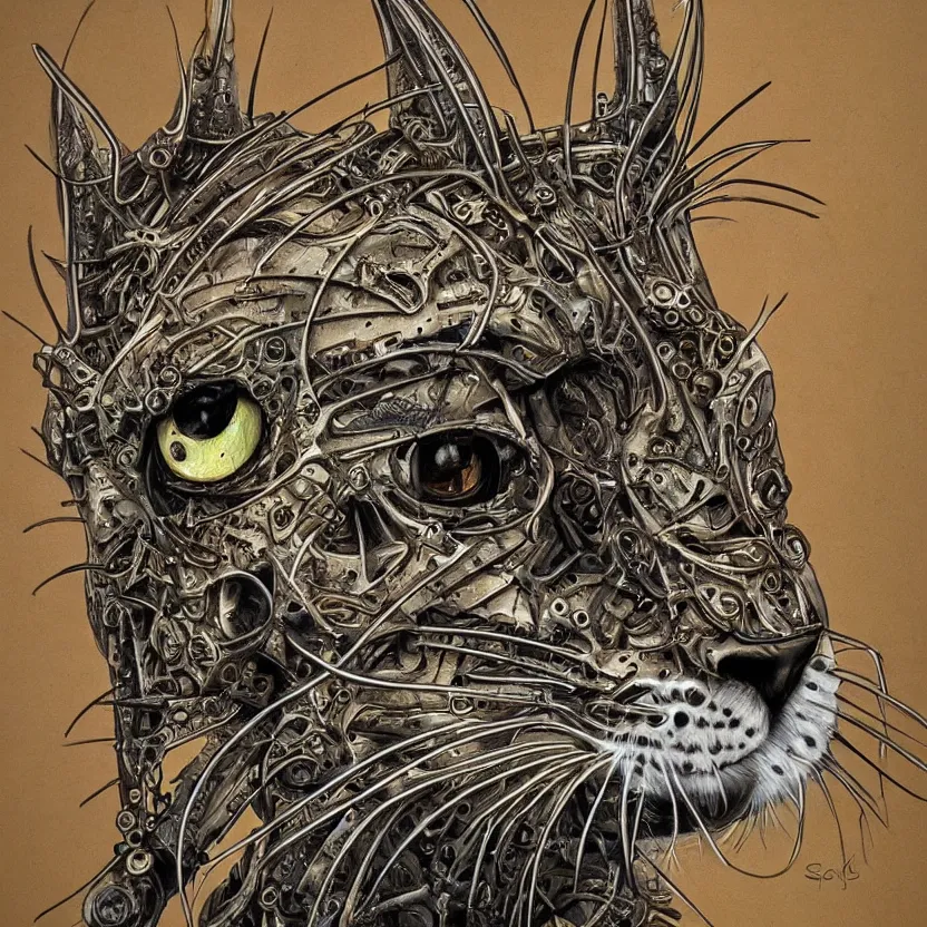 Image similar to detailed realistic portrait artwork of a biomechanical lynx by subjekt zero. colored centered uncut. slightly lowbrow. influenced by andrei riabovitchev and igor goryunov. artwork by subject zero