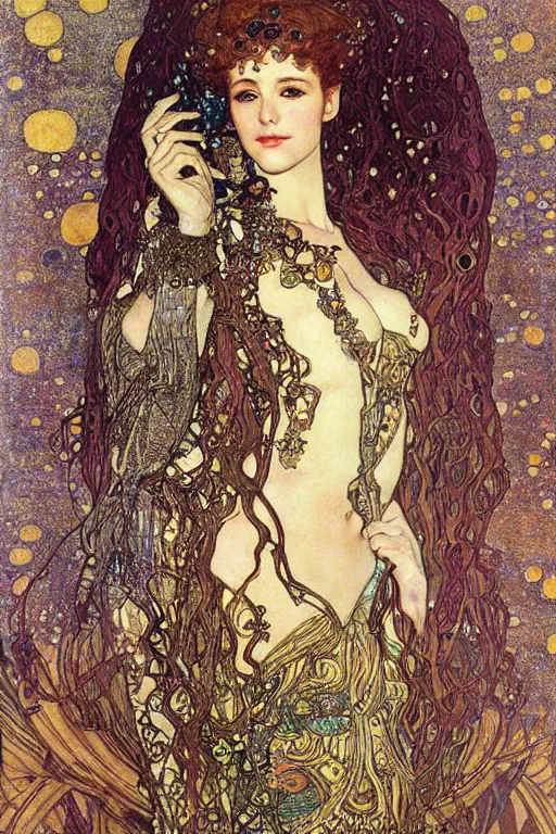 Image similar to Elven Queen by (Gustav Klimt), ((Alphonse Mucha)), Ayami Kojima, and ((Arthur Rackham))
