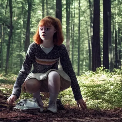 Image similar to Sadie Sink (Maxine Mayfield) from Stranger Things kneeling in a forest looking straight ahead, cinematic, soft realistic lighting, establishment scene, extremely high details, photorealistic, no shadows, 8k