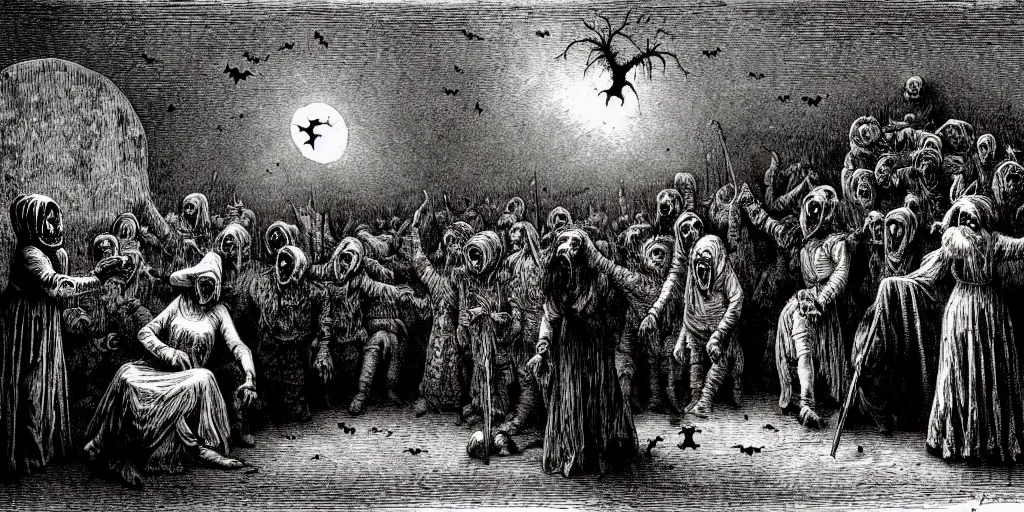 Image similar to peasant halloween party in tuscany, creepy atmosphere, illustration by Gustave Doré