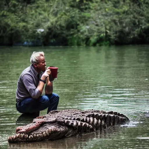 Image similar to photo of a man talking to a huge crocodile while having coffee, award - winning photograph, national geographic, high definition, trending on facebook, 8 k