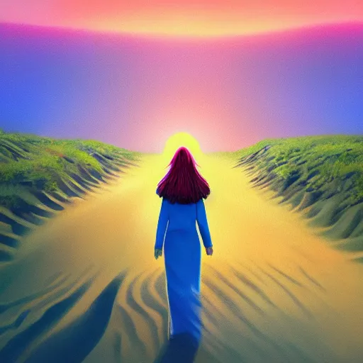 Prompt: closeup huge dahlia flower under head, a girl walking between dunes, surreal photography, sunrise, blue sky, dramatic light, impressionist painting, digital painting, artstation, simon stalenhag