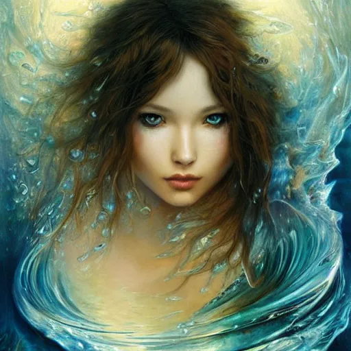 Prompt: a beautiful dancer manipulating water by karol bak, ayami kojima, artgerm, river, water, blue eyes, smile, concept art, fantasy