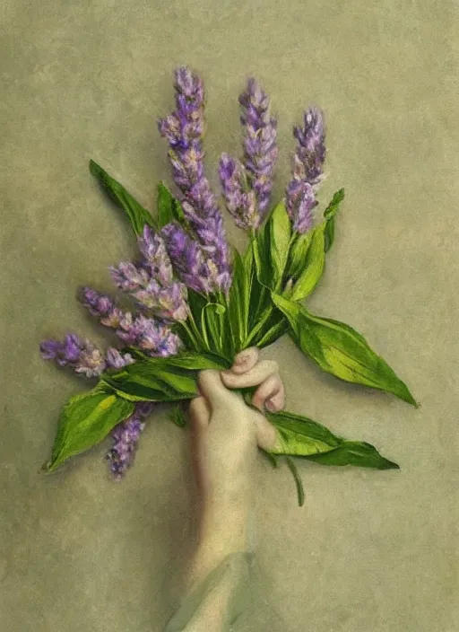Image similar to by famous 1 9 th century painter, hand, lavender nail polish, realism, pretty, green wallpaper background!
